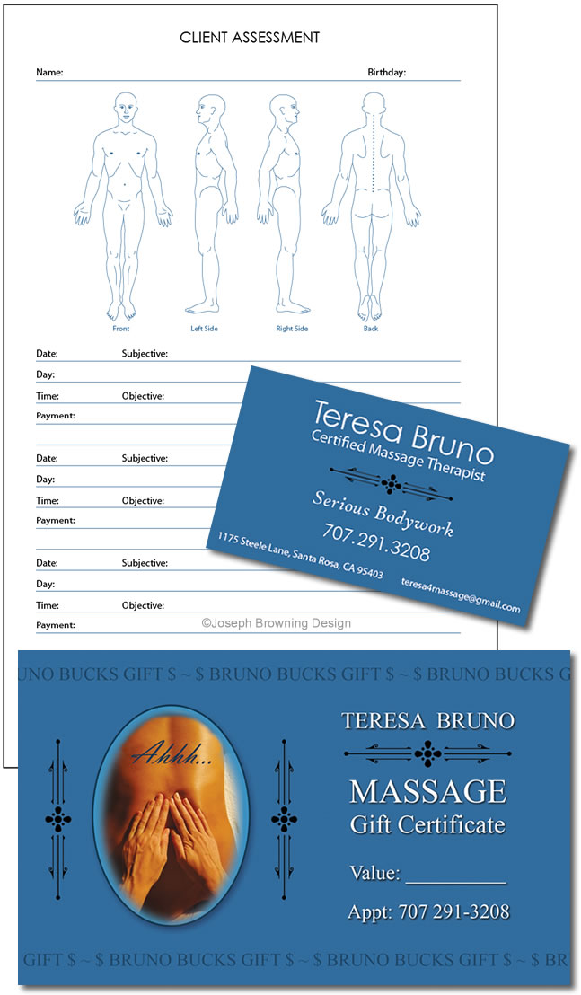Joseph Browning Design - Teresa Bruno Massage Client Assessment, Business Cards and Gift Certificates
